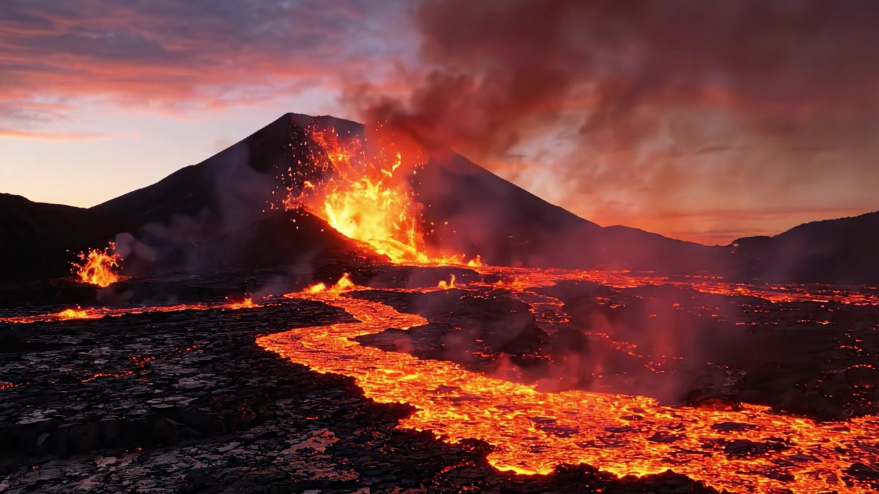 Eruzione Maestosa: Uno Spettacolare Display di Lava e Fumo da un Vulcano Attivo, Che Mostra la Potenza Grezza e la Bellezza della Natura Mentre la Roccia Fusa Scorre Verso l'Orizzonte