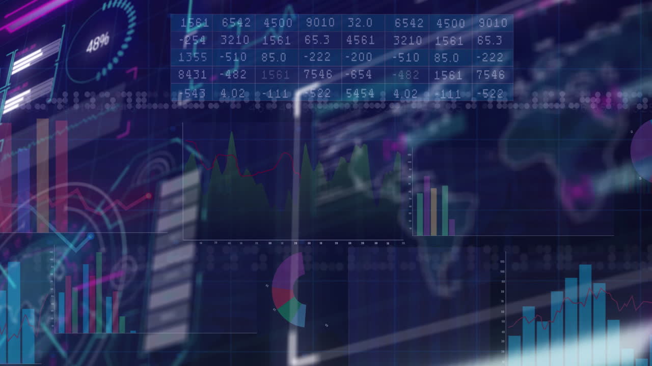 Financial data and charts overlaying digital world map and graphs animation