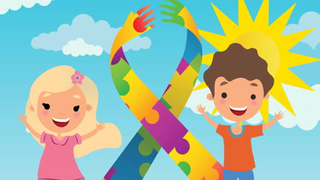 animation of autism awareness ribbon formed with puzzles over boy and girl smiling