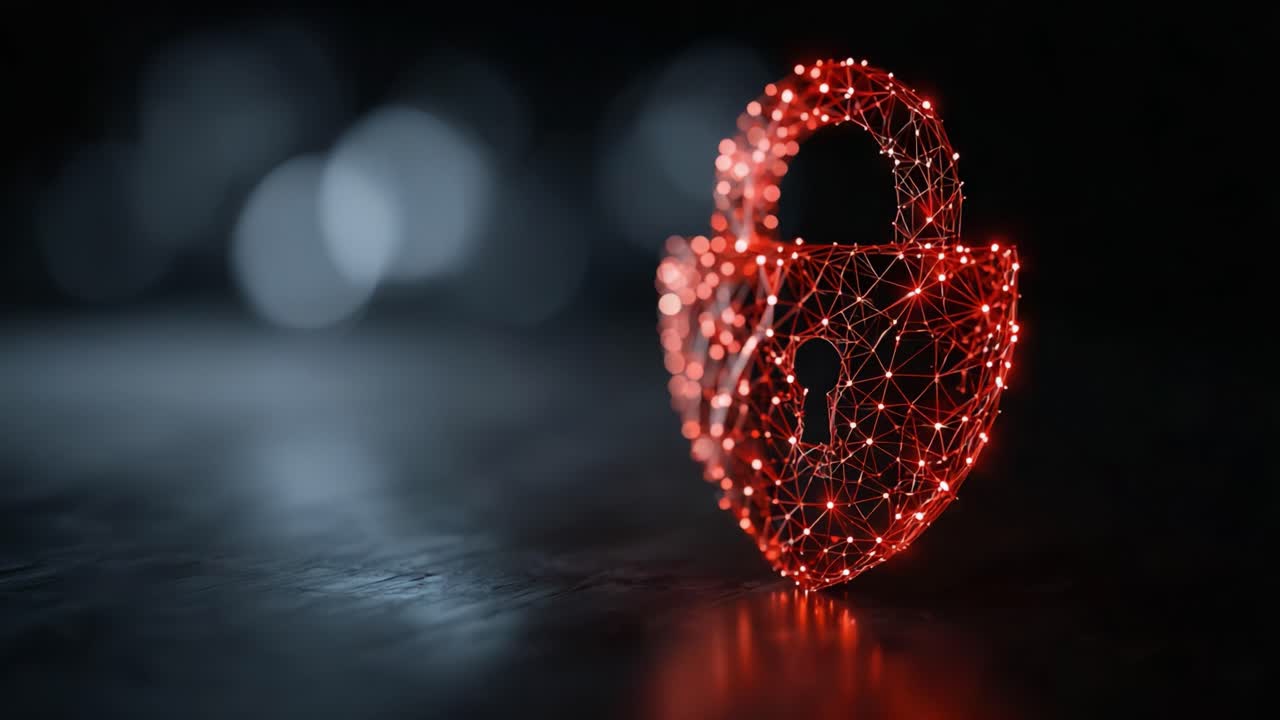 A striking visual representation of digital security, showcasing a glowing red lock symbolizing protection against cyber threats and data privacy in a modern technological landscape
