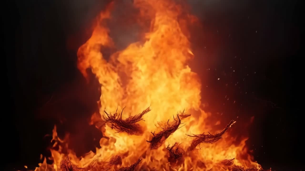 Dynamic video of intense flames shot from a low angle, capturing the vibrant, swirling fire