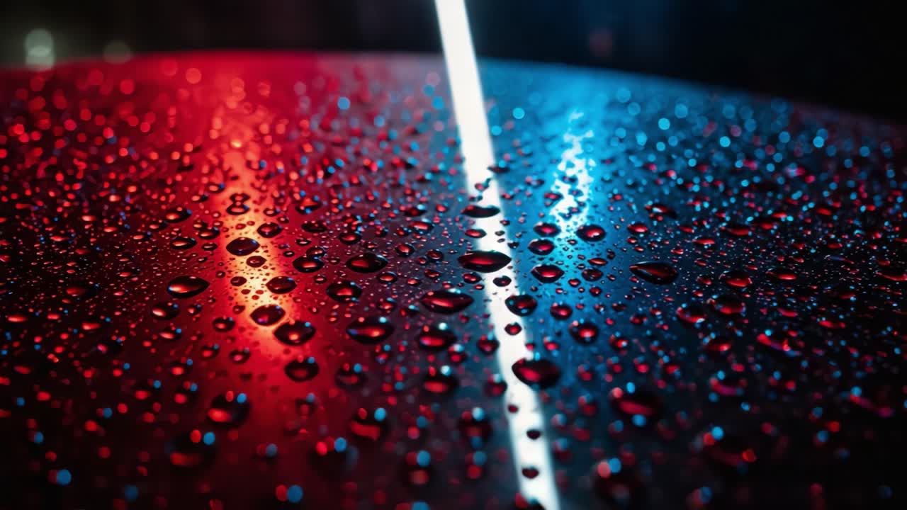 Glistening Drops on a Wet Surface Captured in Vivid Blue and Red Lights, Creating a Captivating Contrast and Atmospheric Depth in the Scene