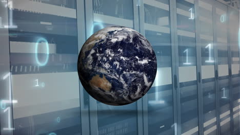 animación de códigos binarios que caen y globo giratorio sobre barras móviles en bastidores de servidores de datos