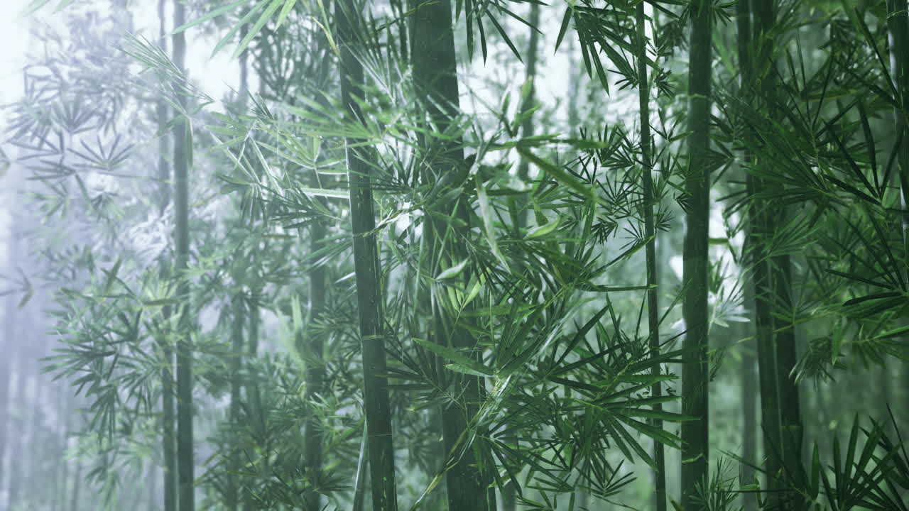 Lush bamboo forest enveloped in morning mist creates tranquil atmosphere