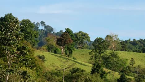 Ein-Zeitraffer-Dieser-Schönen-Landschaft-Aus-Hügeln-Und-Wäldern-Am-Nachmittag,-Wenn-Die-Sonne-Untergeht,-Während-Die-Wolken-über-Den-Blauen-Himmel-Ziehen,-Nationalpark-Khao-Yai,-Thailand