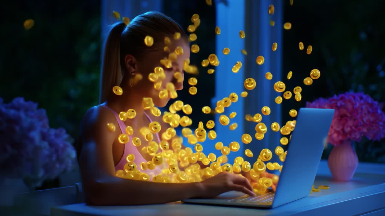 A young woman immersed in a creative digital scene, engaging with glowing golden icons while typing on her laptop at night, surrounded by flowers and a serene atmosphere that inspires innovation and connection