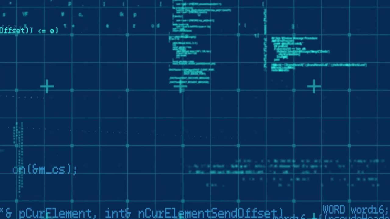 Animation of data processing over grid on blue background