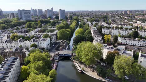 pull back drone aerial reverse reveal regents canal little venice london uk