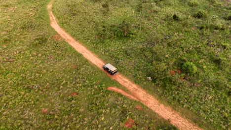 a safari vehicle driving along a dirt path in the african wilderness, aerial view