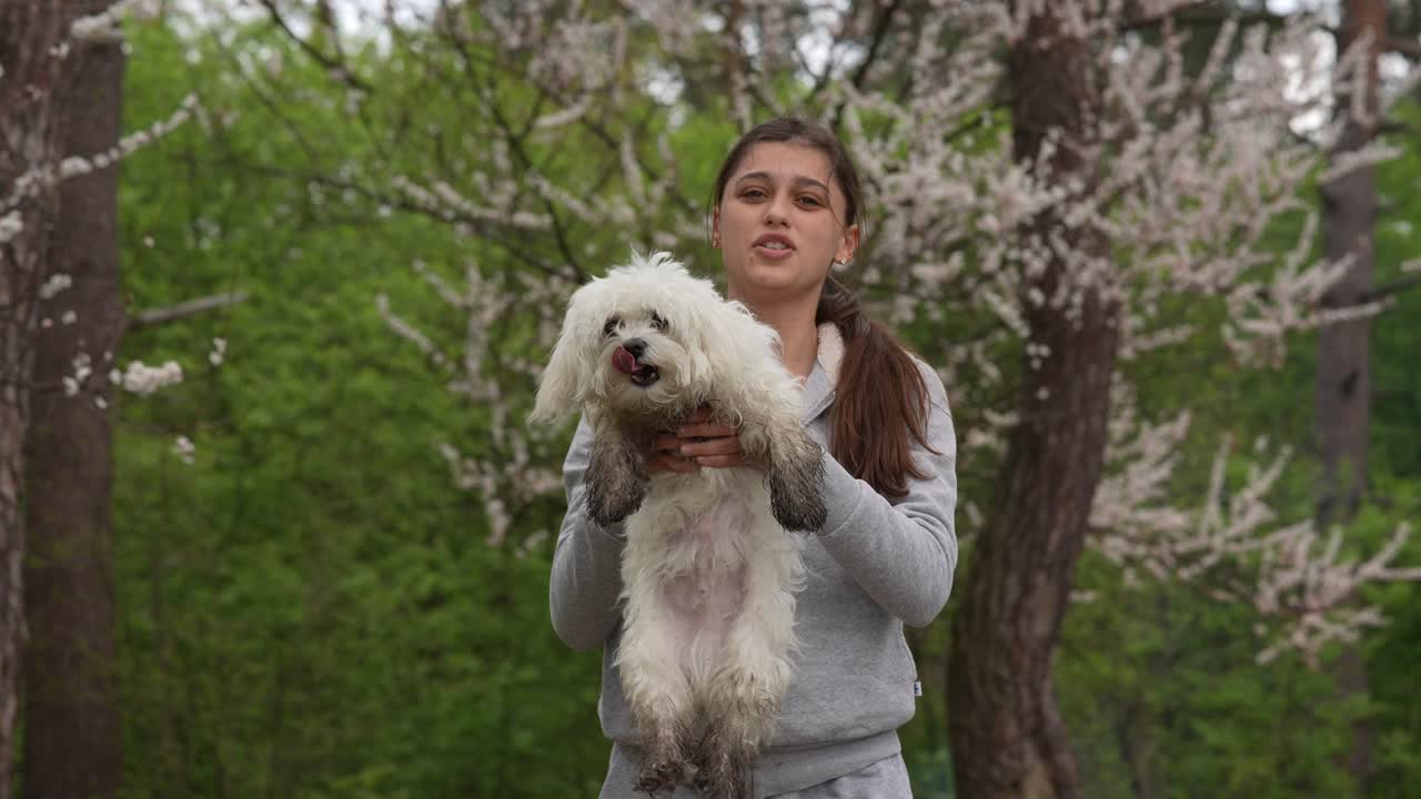 봄 공원에서 몰테스 개와 함께 십대 소녀