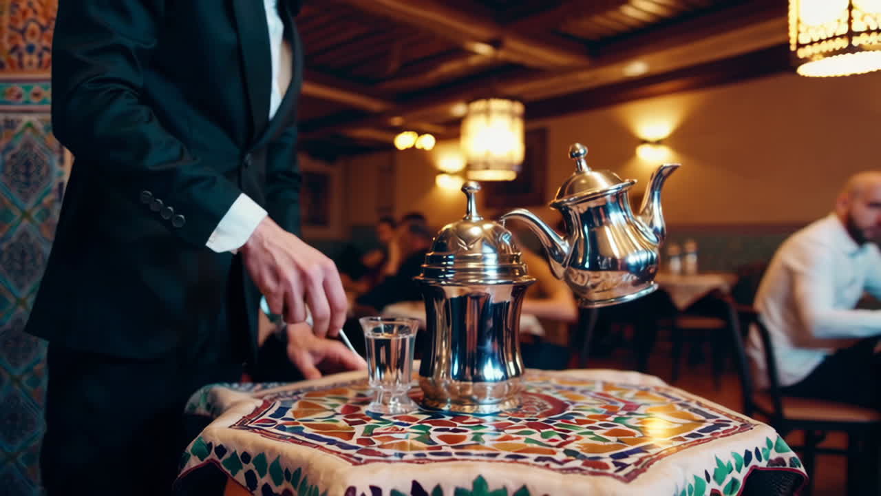 Traditional Moroccan Tea Service in an Ornate Restaurant