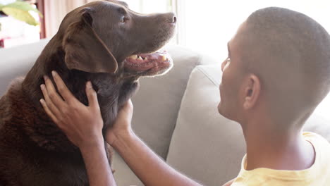 hombre feliz de dos razas acariciando a su perro en casa, cámara lenta