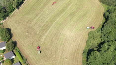 Aerial-overhead-shot-of-combine-harvester-cutting-grass-field-in-nature-during-sunlight