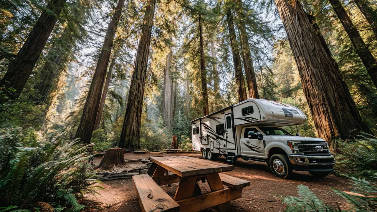 Una serena scena di campeggio con un camper spazioso parcheggiato tra imponenti sequoie, che invita gli avventurieri a esplorare la bellezza della natura in un ambiente forestale tranquillo.