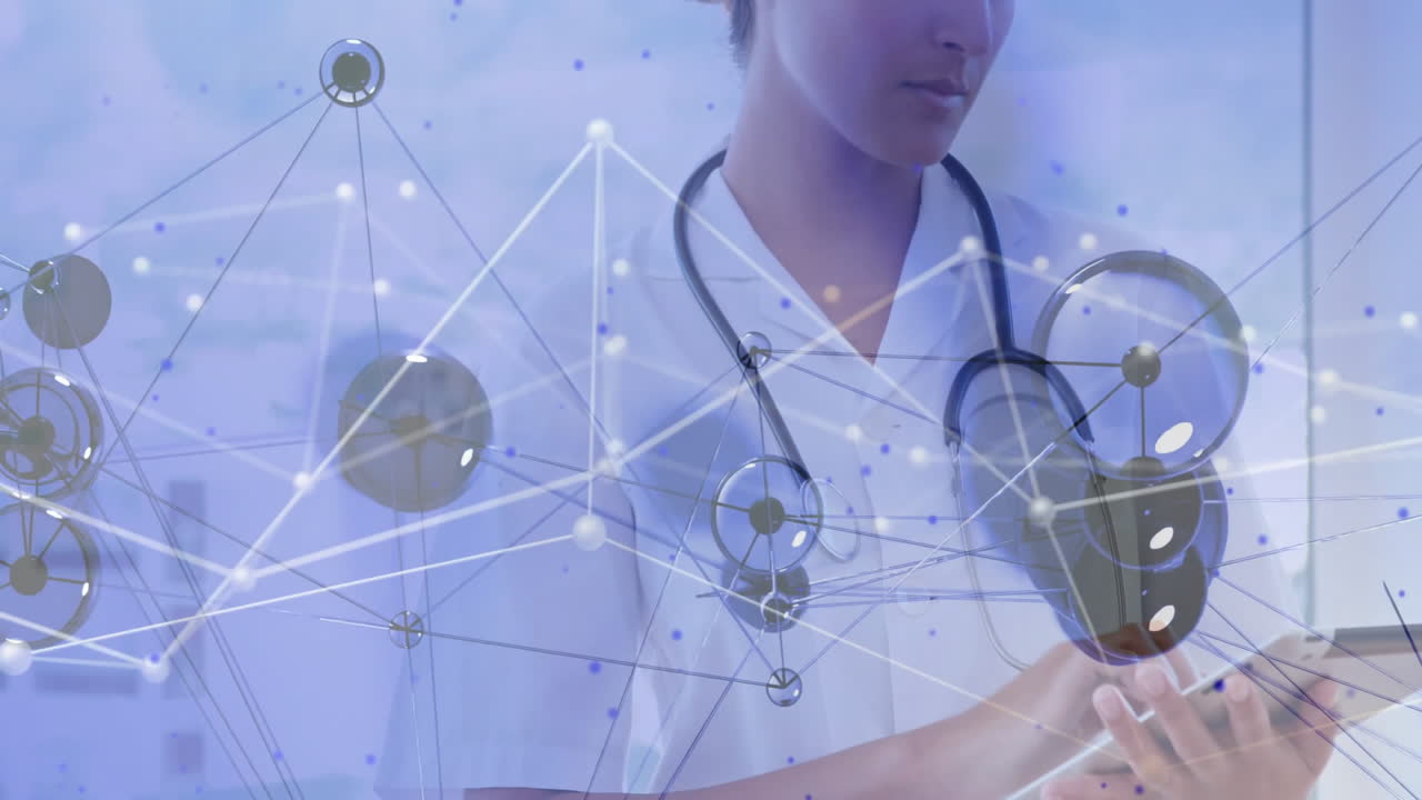 nurse tapping tablet, medical data network nodes floating around showing health data insights