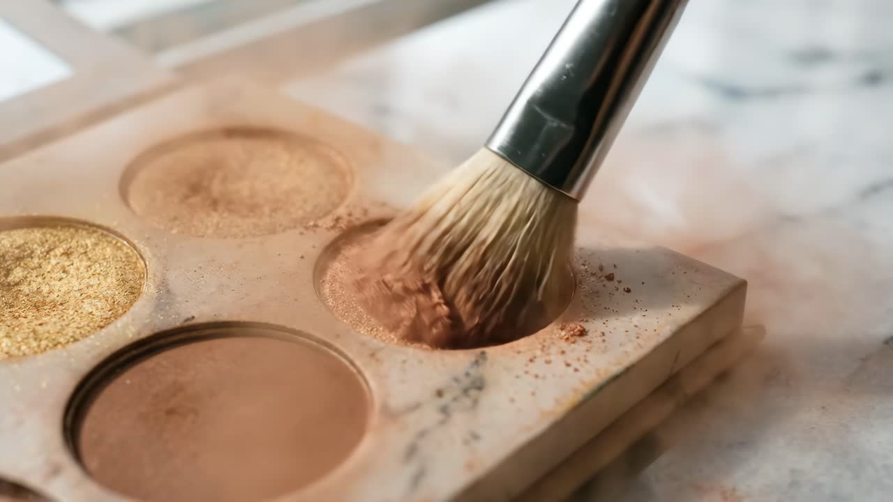 Makeup Brush Dipping into Shimmer Eyeshadow Palette