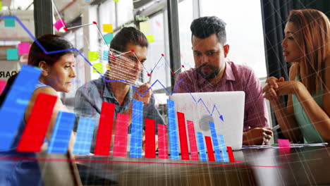 animation of statistical data processing over diverse colleagues discussing over a laptop at office