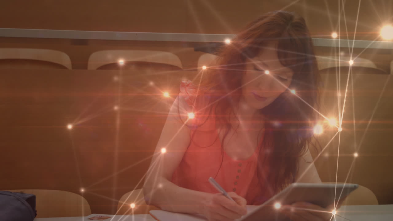 디지털 태블릿을 사용하여 여성 학생을 통해 연결 네트워크의 애니메이션