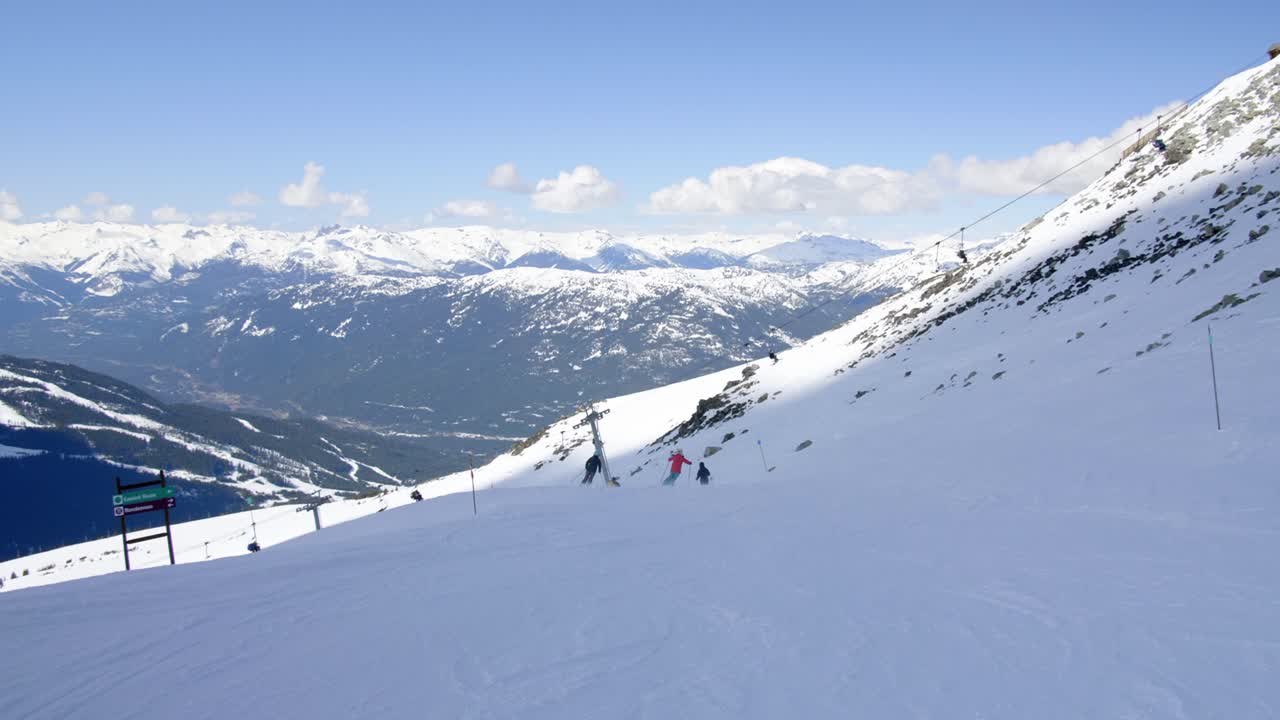 POV downhill skiing on slope at beautiful Whistler Mountain ski resort
