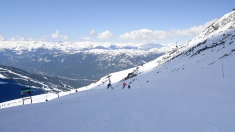 pov downhill skiing on slope at beautiful whistler mountain ski resort