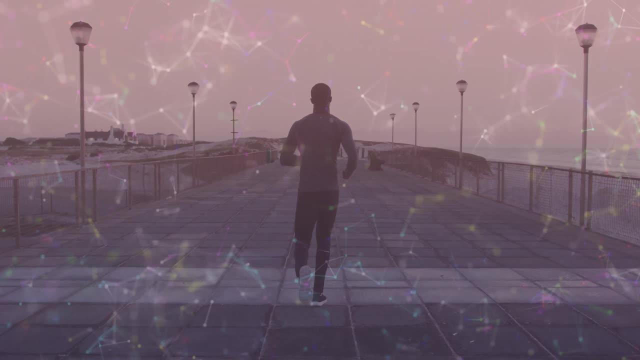 animación de formas en movimiento sobre un hombre afroamericano corriendo por el paseo marítimo