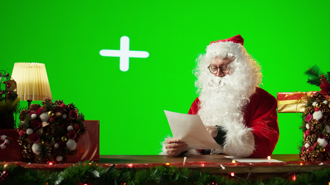 Santa Claus reading a letter in front of a green screen