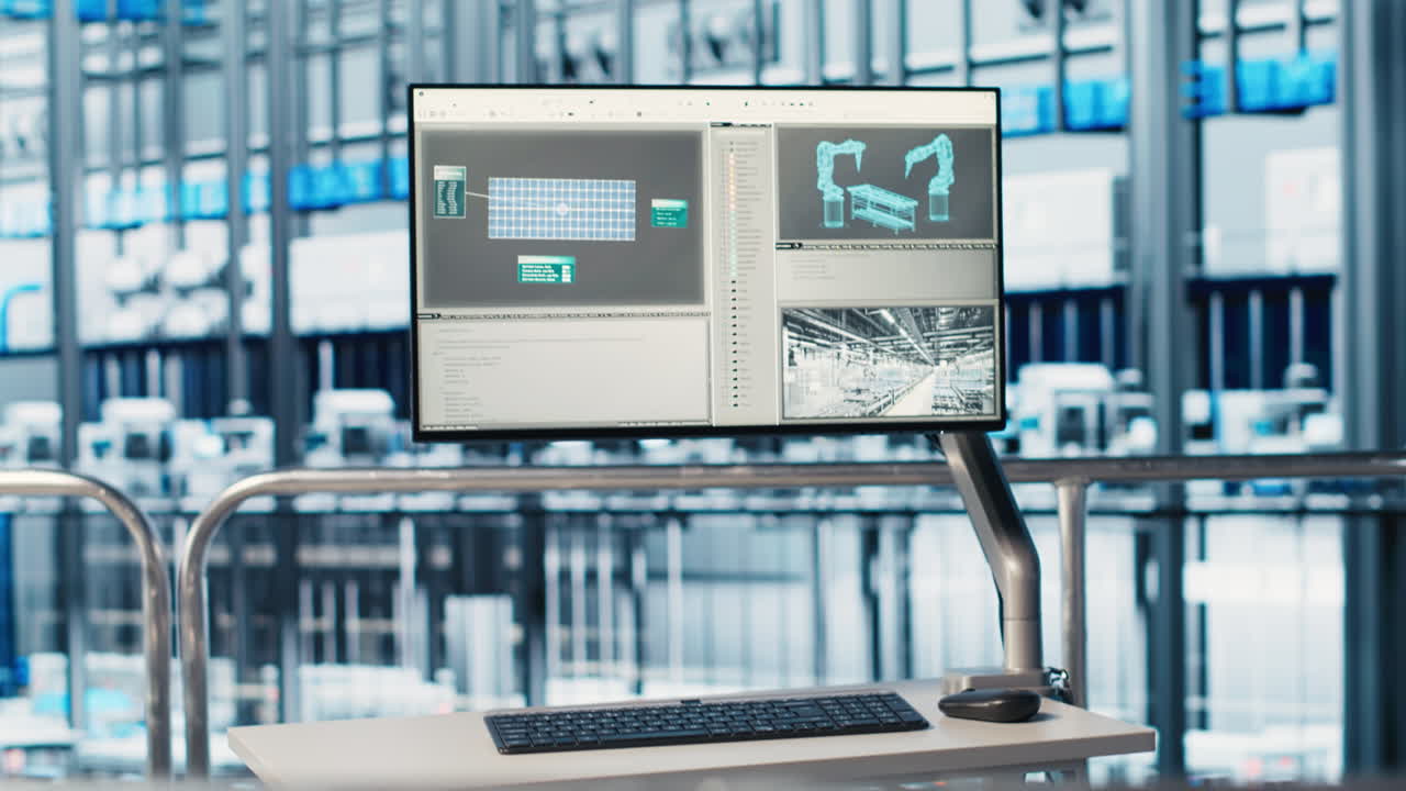монитор, отображающий программное обеспечение промышленной автоматизации с видом на умную фабрику