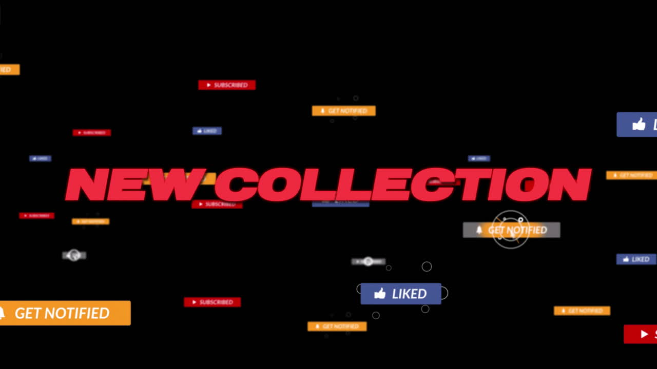 animación del texto de la nueva colección y procesamiento de datos de las redes sociales sobre fondo negro