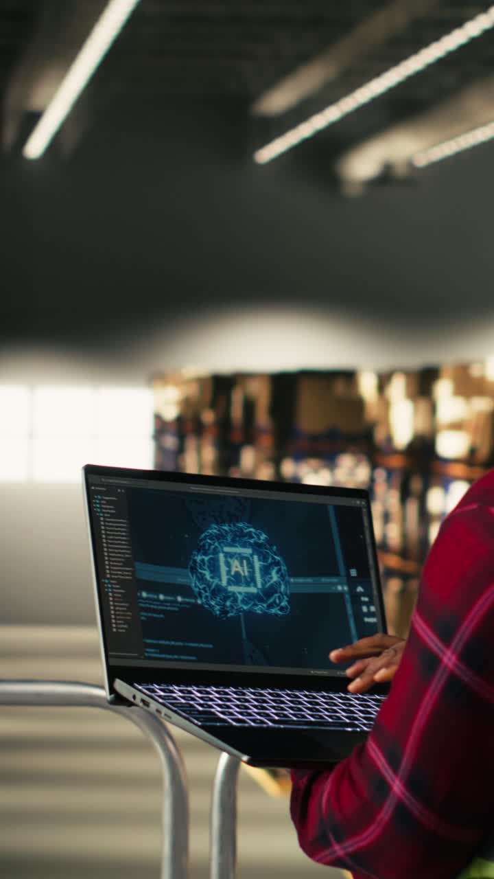 Vertical Video African American woman operating AI tech tools in warehouse