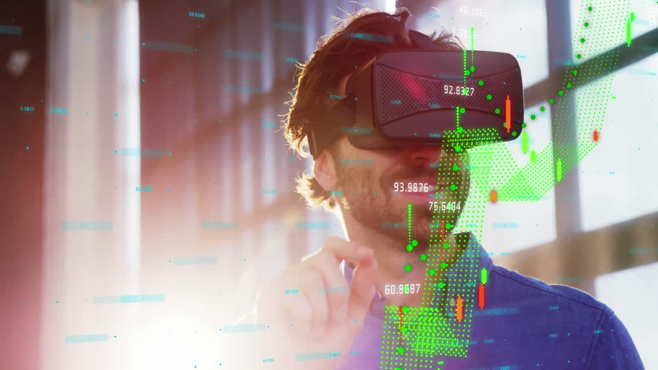 Financial data processing against man using VR headset