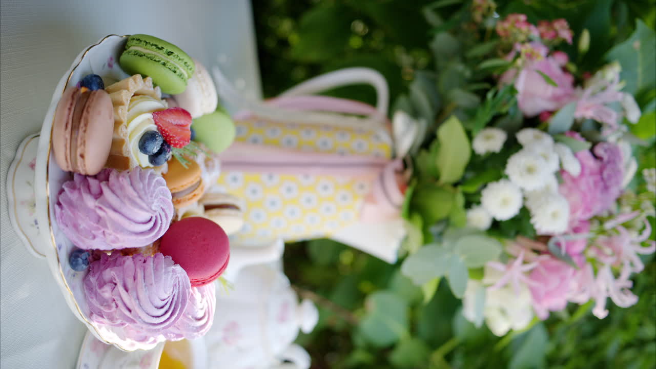 Composition with flowers, macaroons sweets desert and coffee and tea