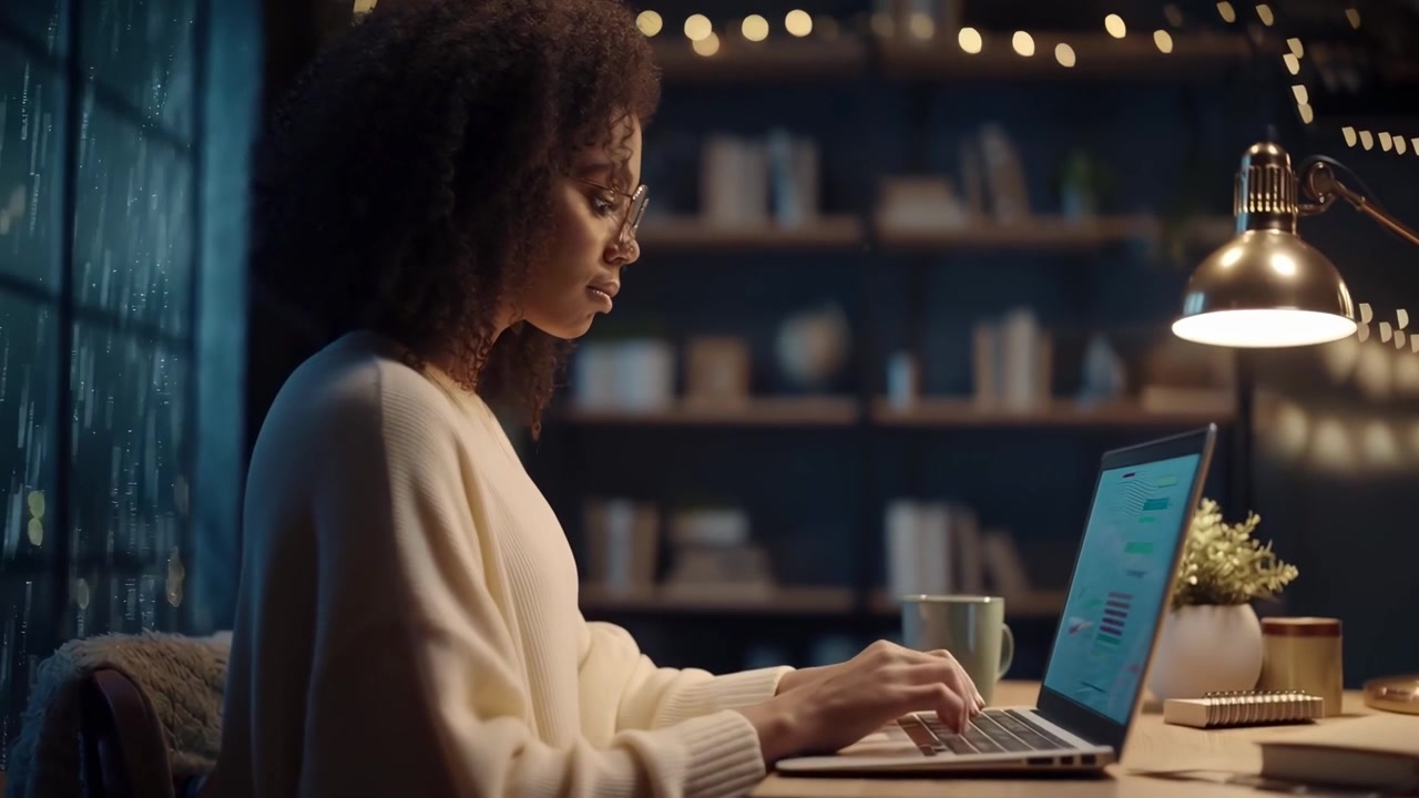 Geconcentreerde vrouw typend op laptop in een warm verlicht thuiskantoor
