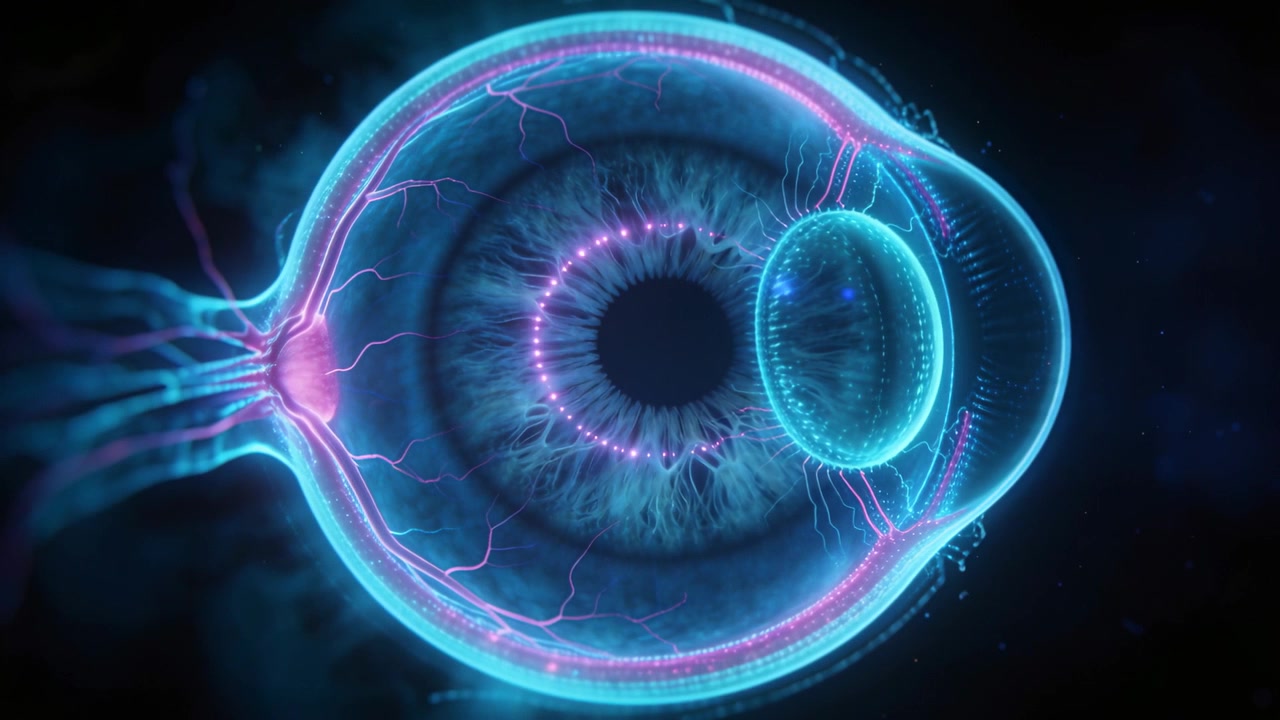 Sezione trasversale dell'occhio che mostra nodi che formano un anello sulla pupilla, pulsando lungo la retina fino al nervo ottico.