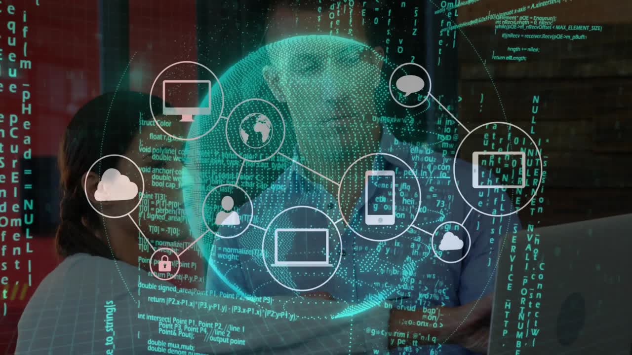 Coworkers pointing at laptop projecting 3D globe coding and linking tech icons diagramming network