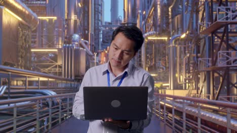 asian male professional worker standing with his laptop at a vast oil refinery, work continuously