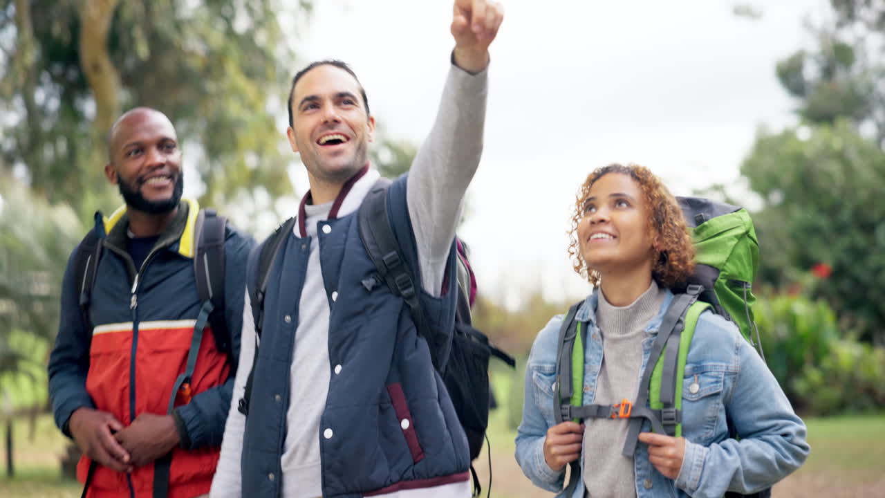 senderismo, apuntando y en grupo en la naturaleza con vistas