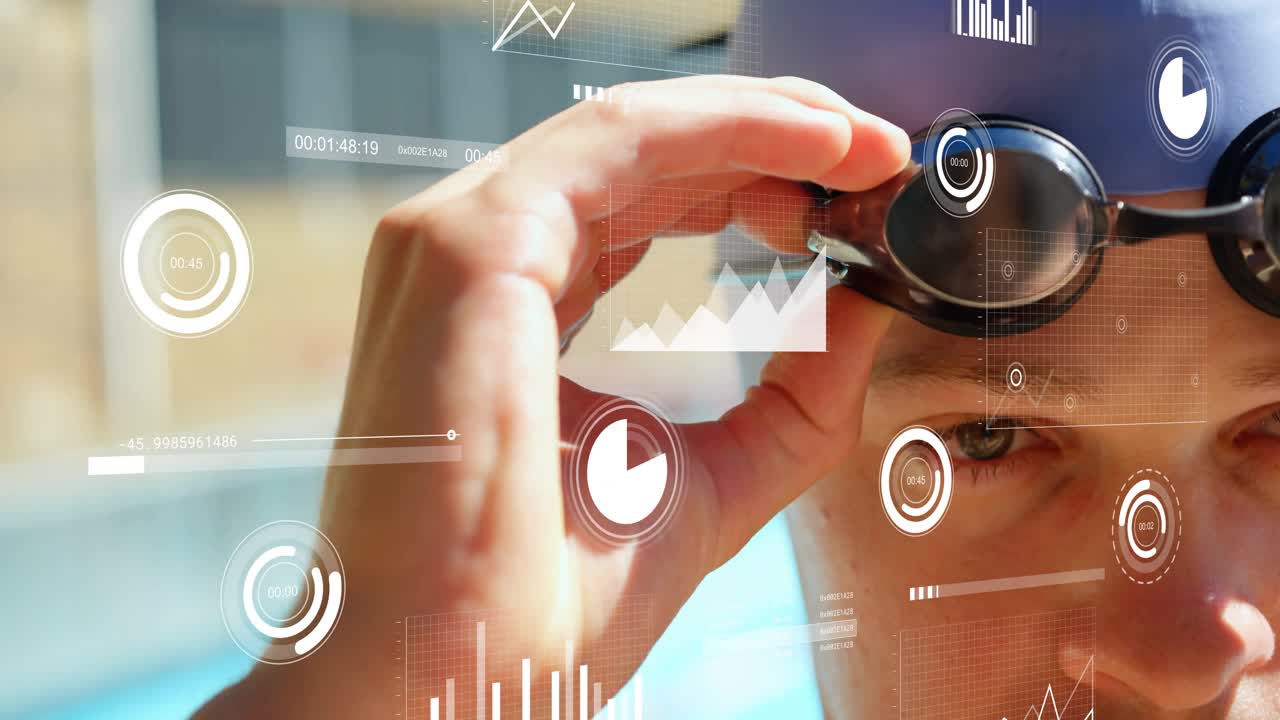 Swimmer lifting hand toward goggles, adjusting fit, monitoring HUD charts for sports training