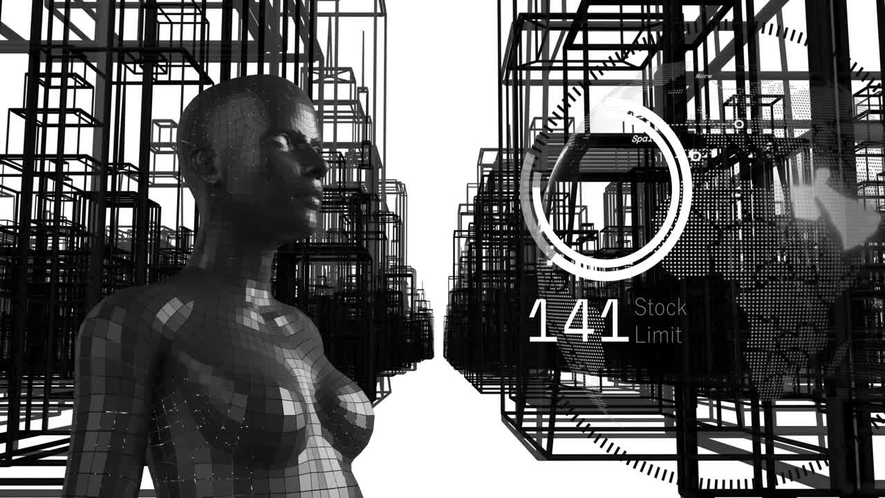 animación del procesamiento de datos sobre busto humano y paisaje urbano en 3d.