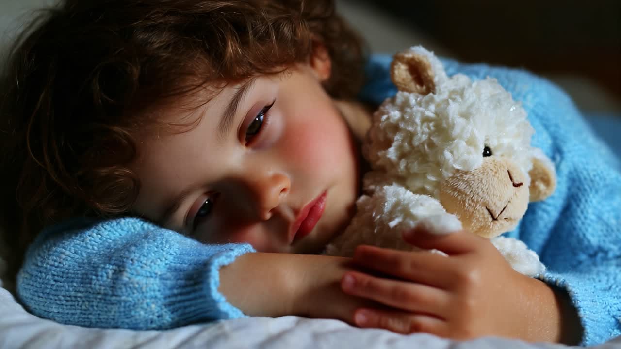 A Cozy Slumber: A Sweet Child Embracing a Soft Toy Sheep, Reflecting Tranquil Moments of Innocence and Peaceful Rest in the Comfort of Home. The Scene Evokes Warmth and Tenderness