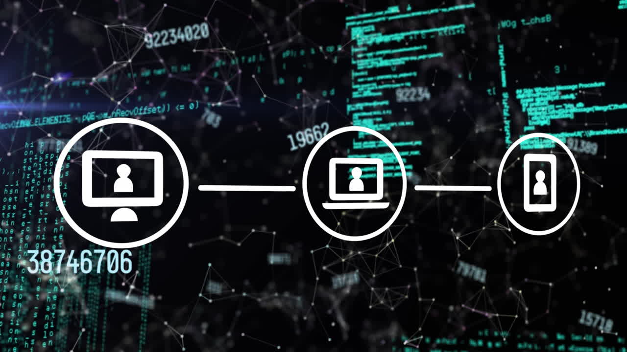 Animation of data processing over network of connections with icons