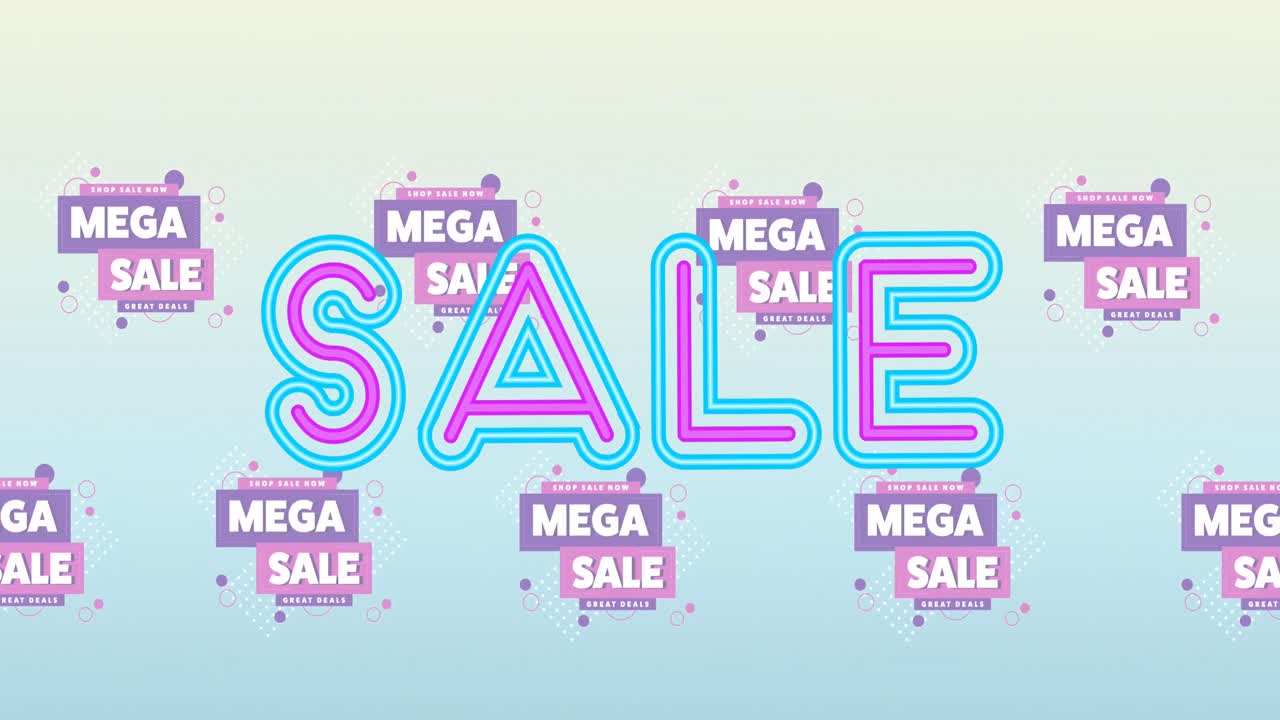 백그라운드에서 메가 판매 단어 위에 판매 네온 텍스트의 애니메이션