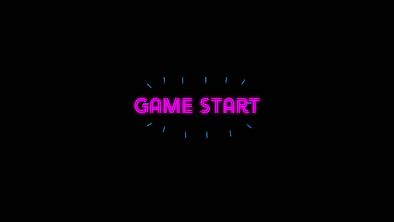 Colorful geometric shapes on black background, Game Start animation displaying