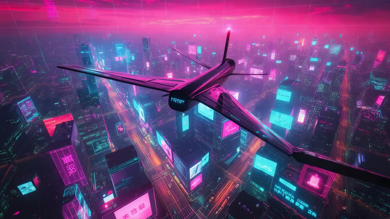 paisaje urbano futurista con vehículo volador