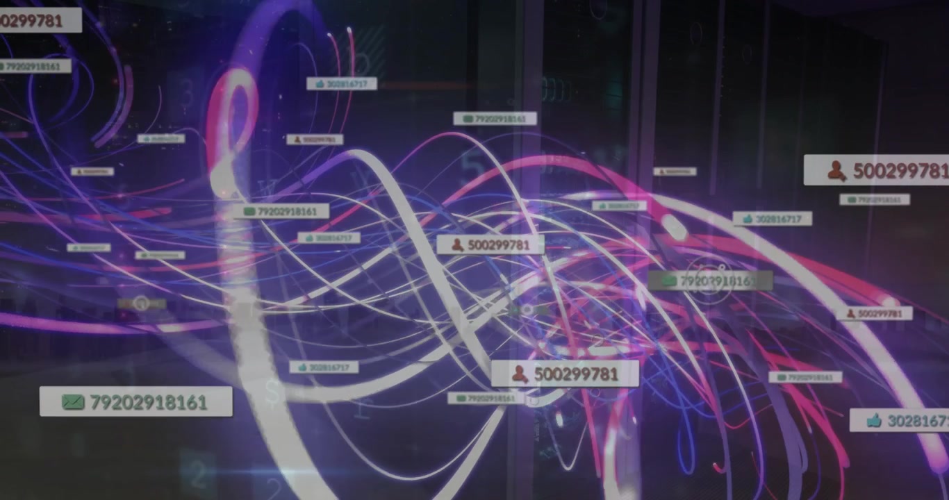 Animation of notification bars, texts, letters, numbers, symbols over data server room