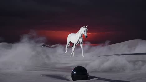 surreal desert landscape transforming, white horse galloping across sandy terrain, dark spheres emerging, lightning crackling through colorful atmospheric skies during ethereal dreamlike moment