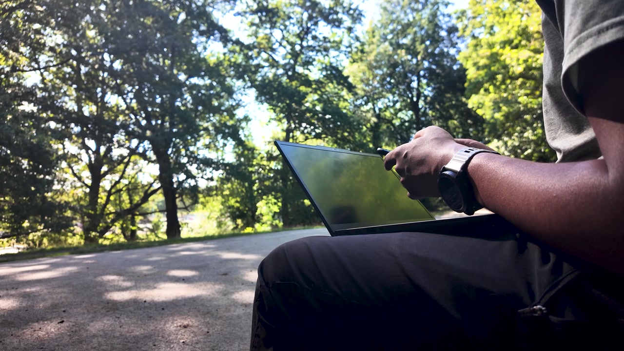 Freelancer using laptop sitting in a park near a road enjoying the beautiful day