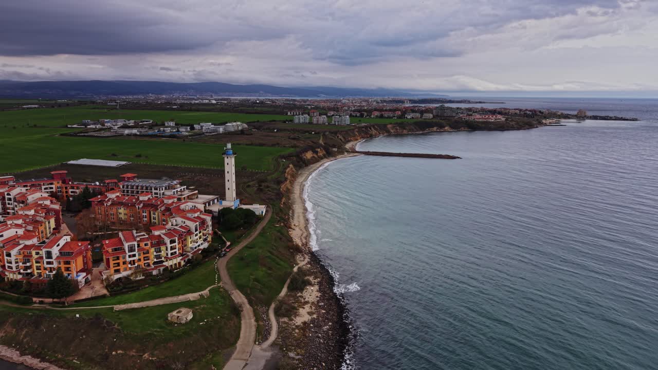 Drone aerial view of coastal landscape in Bulgaria during cloudy day
