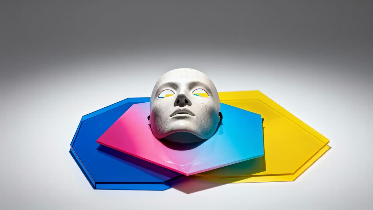Rotating plaster mask tilting on studio table, light shifting through eyes to reveal panels' color