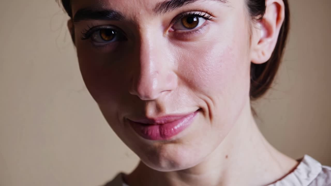 Close-up portrait of a woman smiling softly, captured at eye level