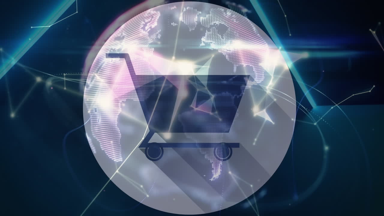 도시 풍경 위의 연결 네트워크와 함께 반 ⁇ 이는 지구상에 쇼핑 카트 아이콘의 애니메이션